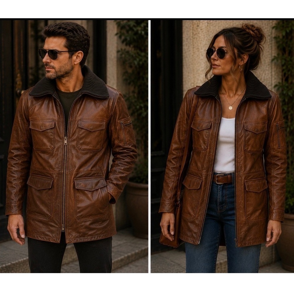 SANTORO Napoli Italian Leather Field Jacket Brown Distressed Soft Leather Mens L